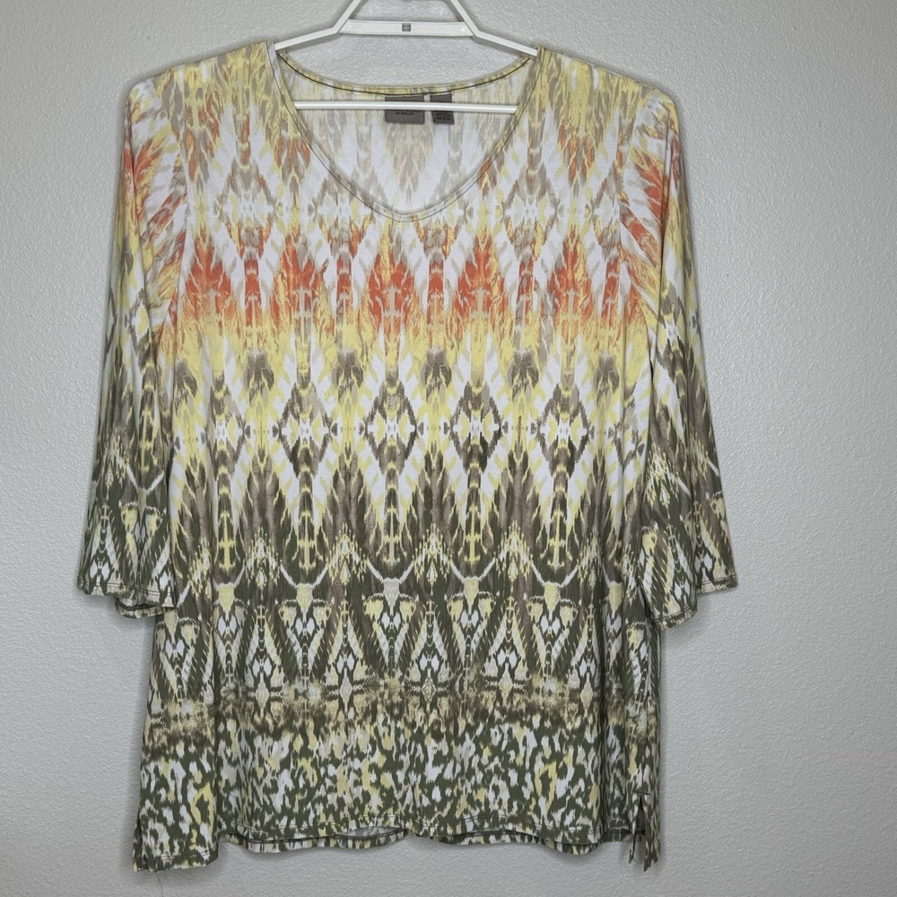 Chico's Easywear Womens Tunic Top Sz 3 Multicolor Print VNeck 3/4 Sleeve Stretch